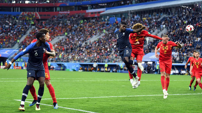 Samuel Umtiti scores for France vs. Belgium at the 2018 World Cup
